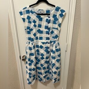 Emily and Fin 60s Style Mod Retro Twee Dress Blue & White 100% Cotton sz medium